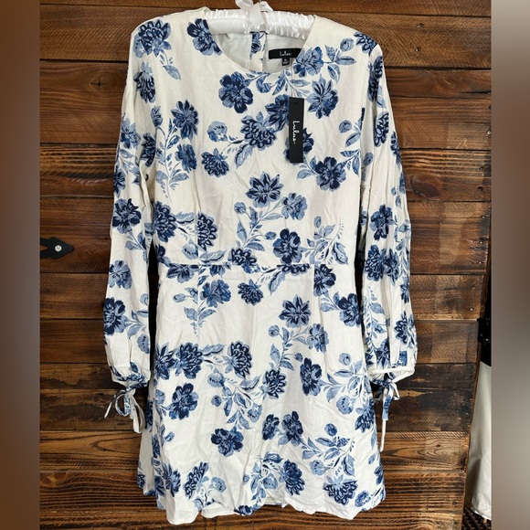 Lulus Dresses & Skirts - Lulu's‎ Blue White Floral Linen Blend Open Back Long Sleeve Mini Dress XL NWT